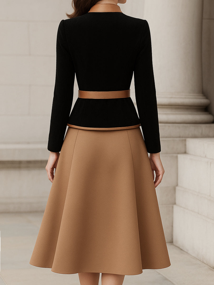 Black Camel Trim Blazer A-Line Skirt Set by Merchant Mona