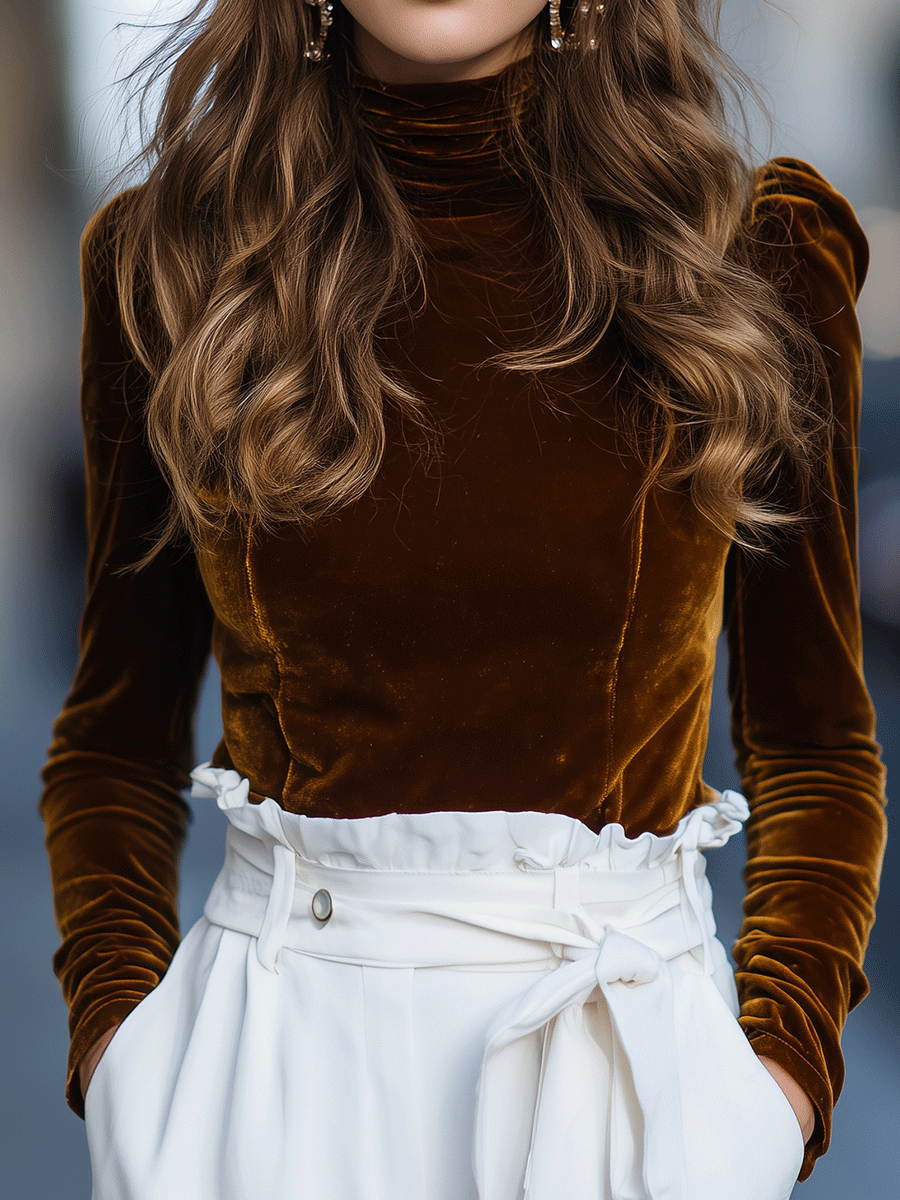 Brown Velvet Mock Neck Long Sleeve Top by Merchant Mona