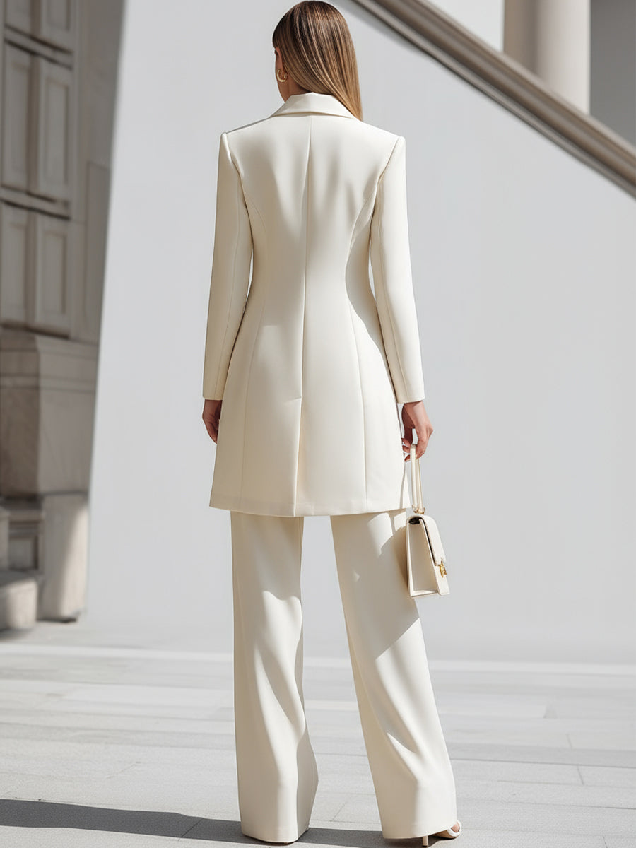 Cream Longline Blazer Wide Leg Pants Set by Merchant Mona