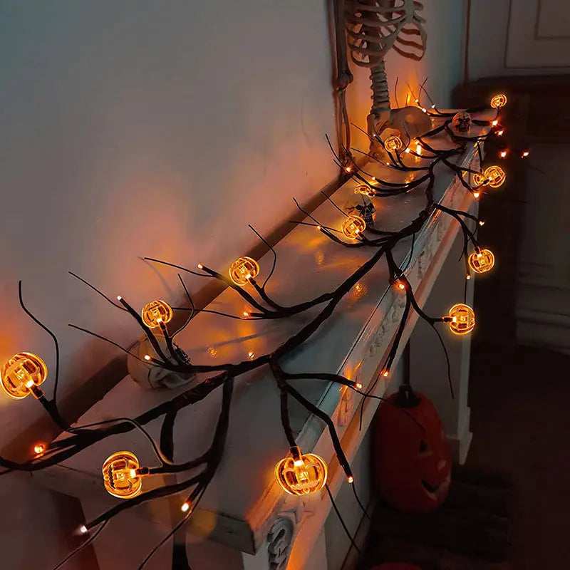 Halloween LED Willow Vine String Lights – Bat & Pumpkin Decoration
