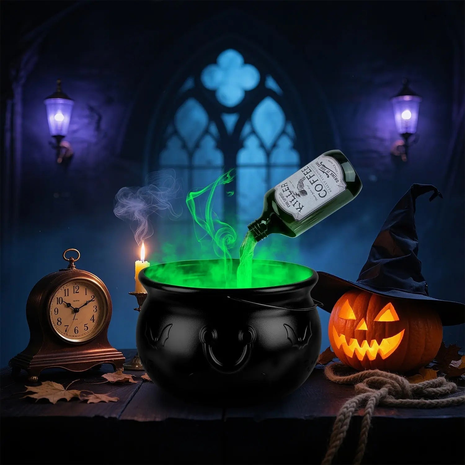 Halloween Floating Bottle Decor with Witches Cauldron & Mist Maker