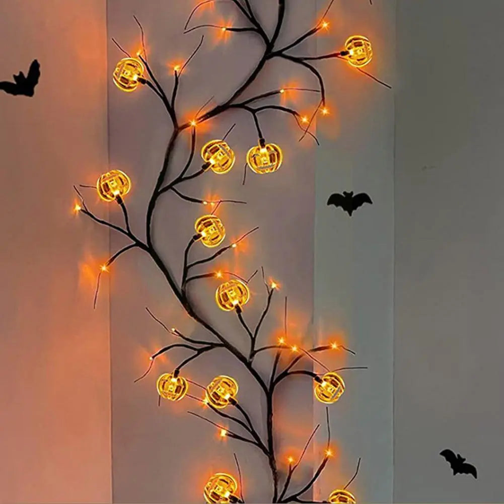 Halloween LED Willow Vine String Lights – Bat & Pumpkin Decoration