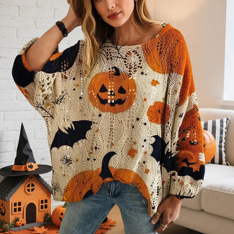 Women’s Halloween Batwing Sleeve Pumpkin Print Blouse – Casual Top