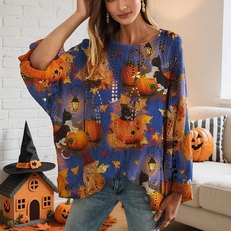 Women’s Halloween Batwing Sleeve Pumpkin Print Blouse – Casual Top