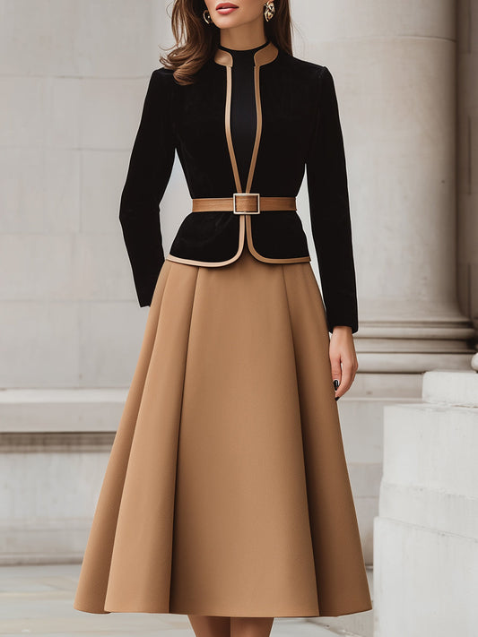 Black Camel Trim Blazer A-Line Skirt Set by Merchant Mona 