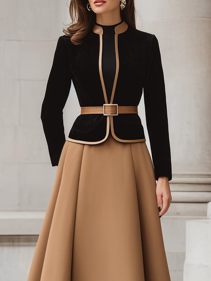 Black Camel Trim Blazer A-Line Skirt Set by Merchant Mona 