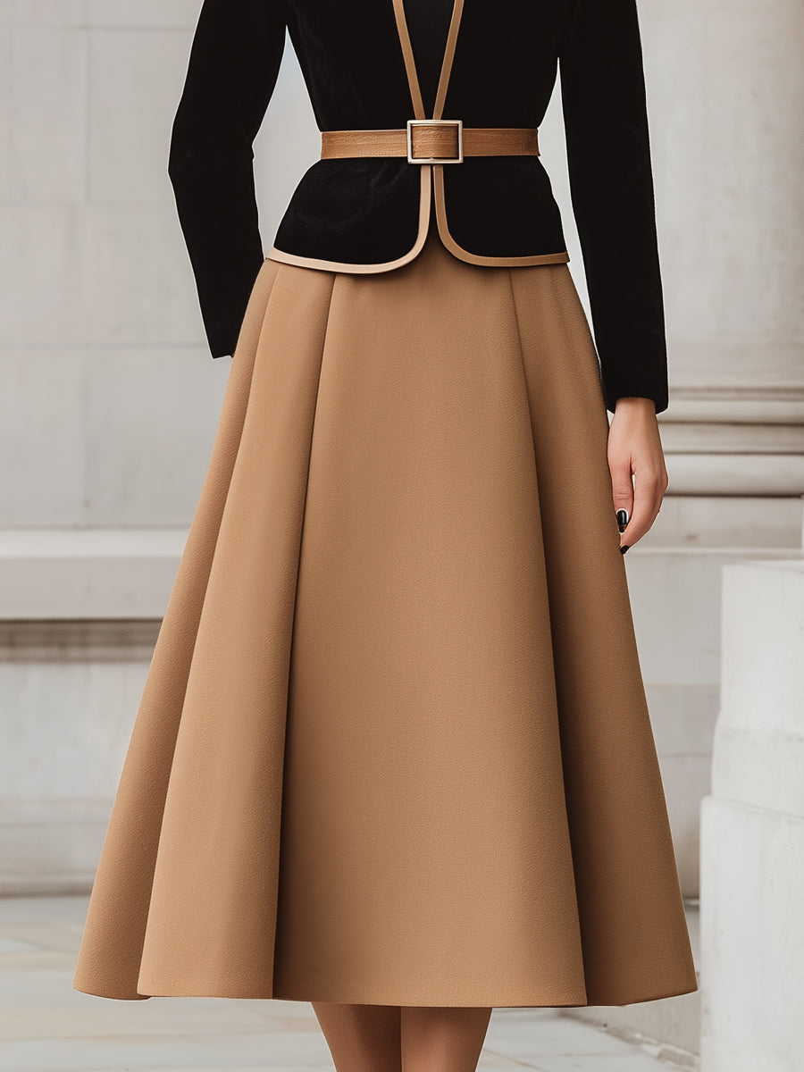 Black Camel Trim Blazer A-Line Skirt Set by Merchant Mona 