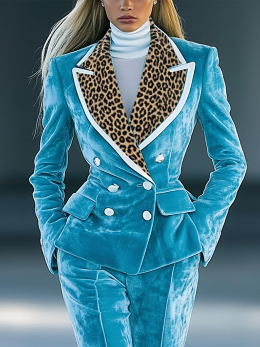 Blue Velvet Leopard Lapel Blazer Set by Merchant Mona 