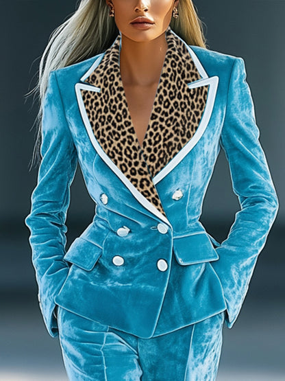 Blue Velvet Leopard Lapel Blazer Set by Merchant Mona 