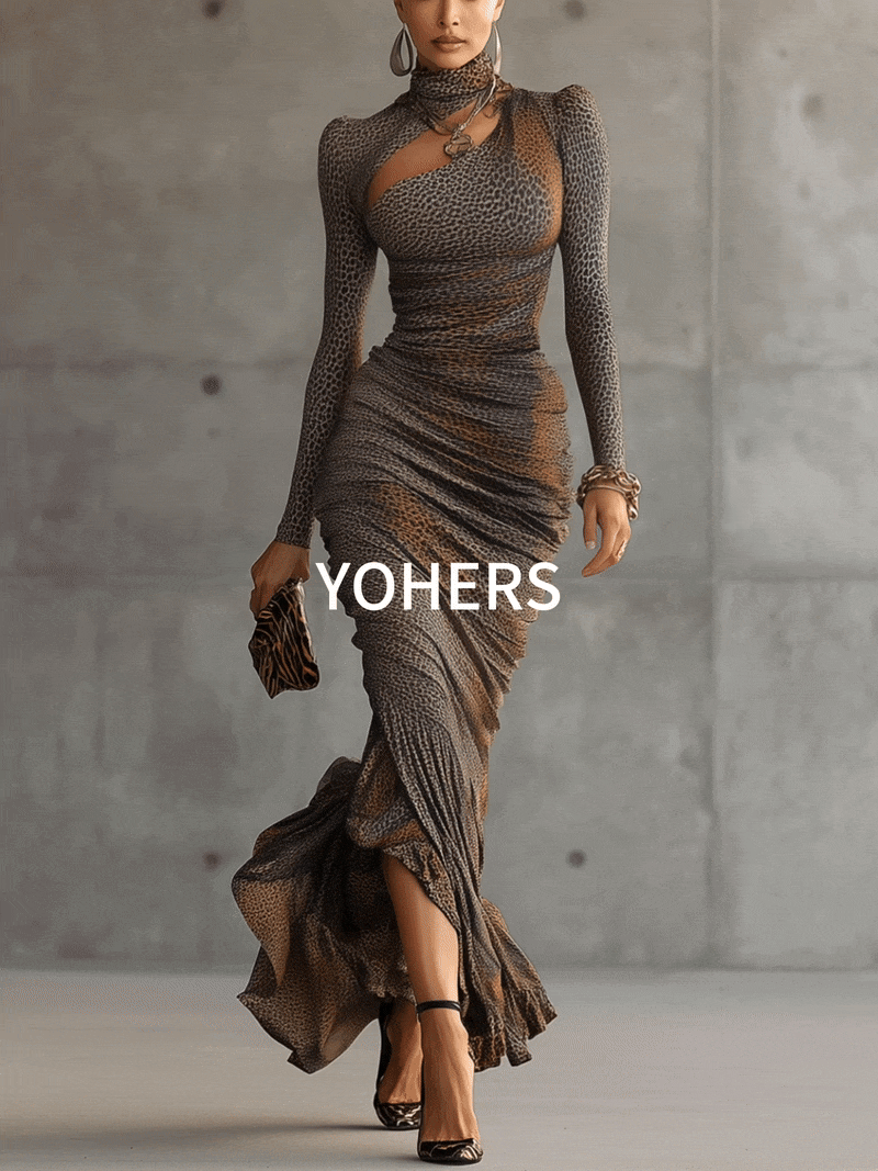 Brown Leopard Cutout Pleated Maxi Dress by Merchant Mona 