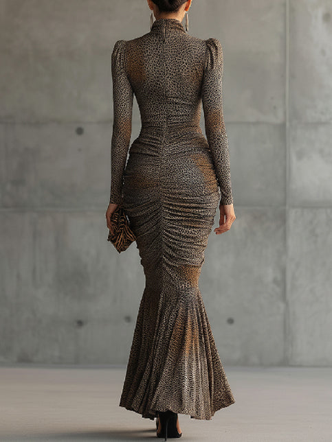 Brown Leopard Cutout Pleated Maxi Dress by Merchant Mona 