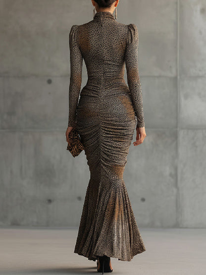 Brown Leopard Cutout Pleated Maxi Dress by Merchant Mona 