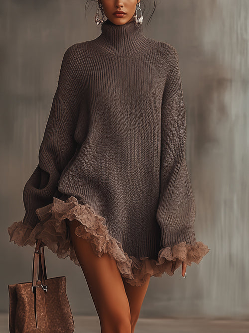 Brown Ruffle Hem Turtleneck Sweater Dress by Merchant Mona 