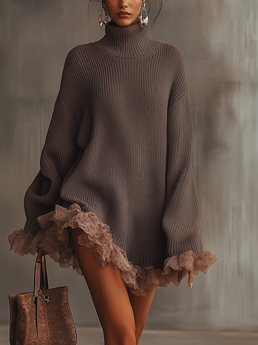 Brown Ruffle Hem Turtleneck Sweater Dress by Merchant Mona 