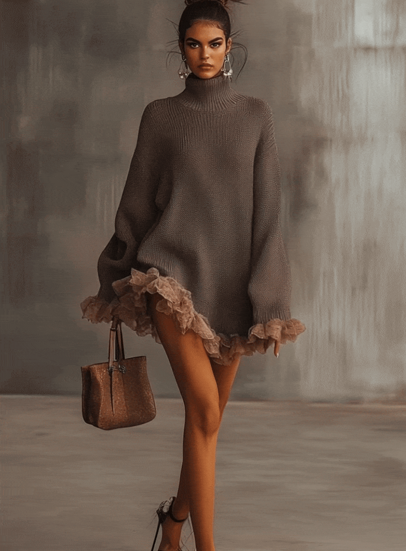 Brown Ruffle Hem Turtleneck Sweater Dress by Merchant Mona 