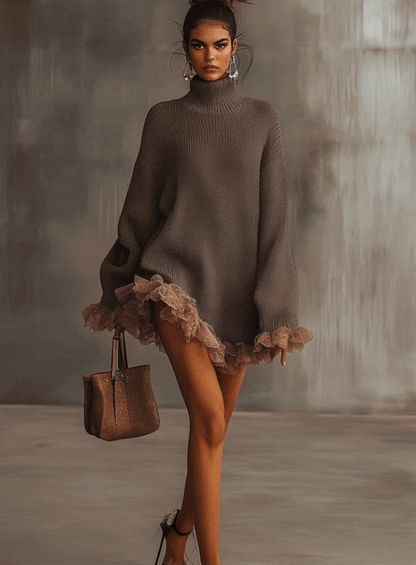 Brown Ruffle Hem Turtleneck Sweater Dress by Merchant Mona 