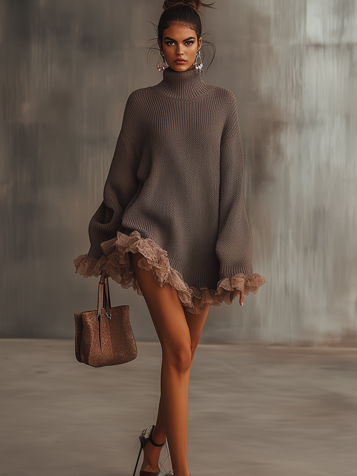 Brown Ruffle Hem Turtleneck Sweater Dress by Merchant Mona 