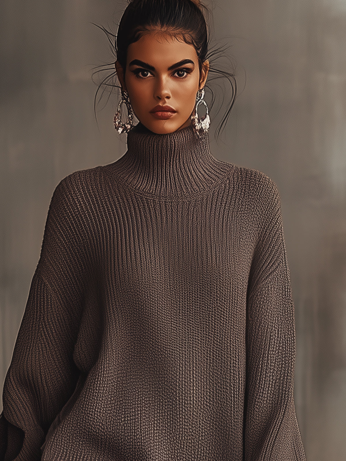 Brown Ruffle Hem Turtleneck Sweater Dress by Merchant Mona 