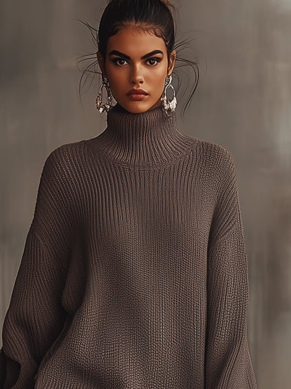Brown Ruffle Hem Turtleneck Sweater Dress by Merchant Mona 