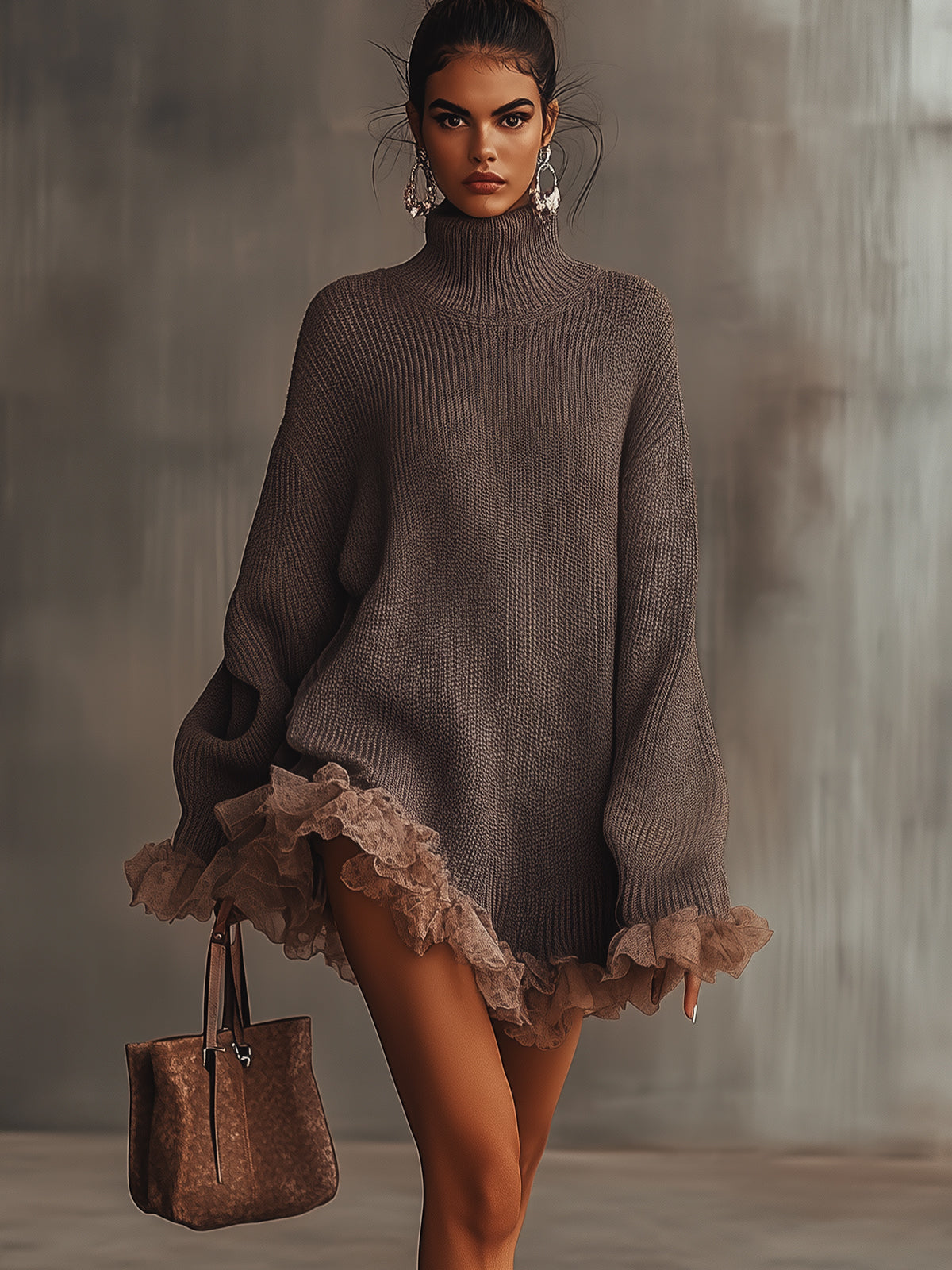 Brown Ruffle Hem Turtleneck Sweater Dress by Merchant Mona 
