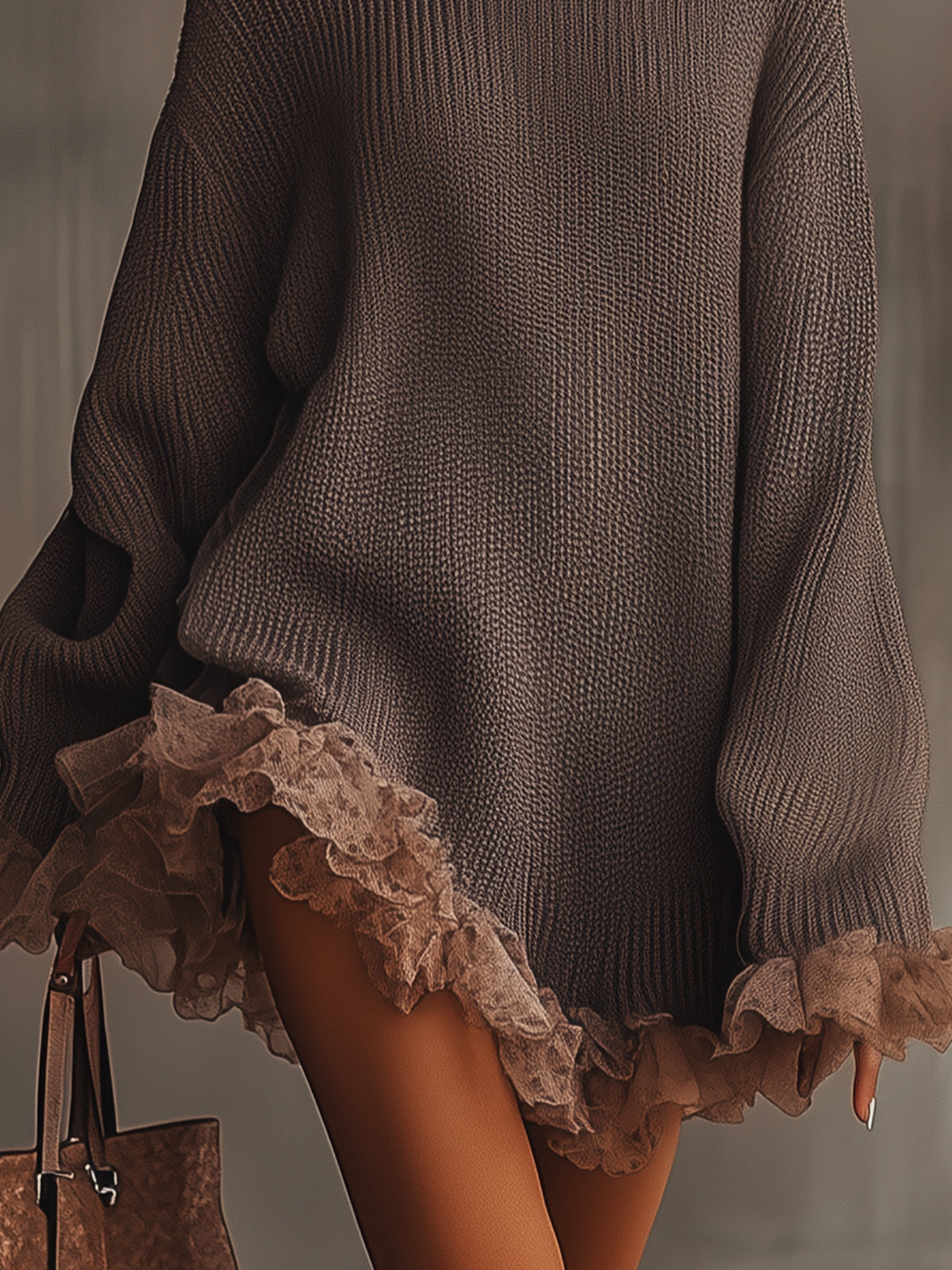 Brown Ruffle Hem Turtleneck Sweater Dress by Merchant Mona 