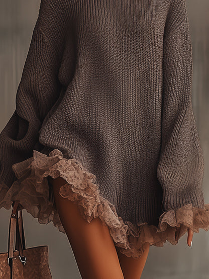 Brown Ruffle Hem Turtleneck Sweater Dress by Merchant Mona 