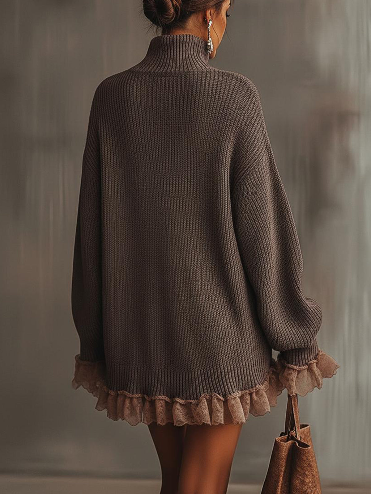 Brown Ruffle Hem Turtleneck Sweater Dress by Merchant Mona 