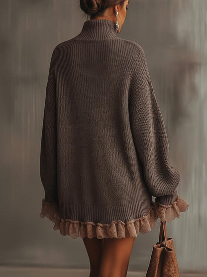 Brown Ruffle Hem Turtleneck Sweater Dress by Merchant Mona 