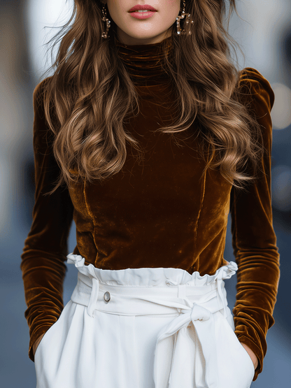 Brown Velvet Mock Neck Long Sleeve Top by Merchant Mona 