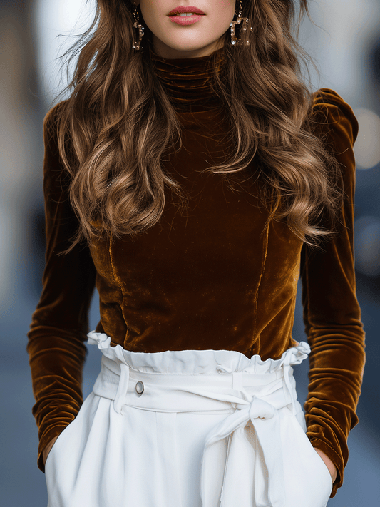 Brown Velvet Mock Neck Long Sleeve Top by Merchant Mona 