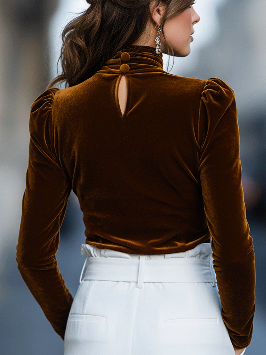 Brown Velvet Mock Neck Long Sleeve Top by Merchant Mona 
