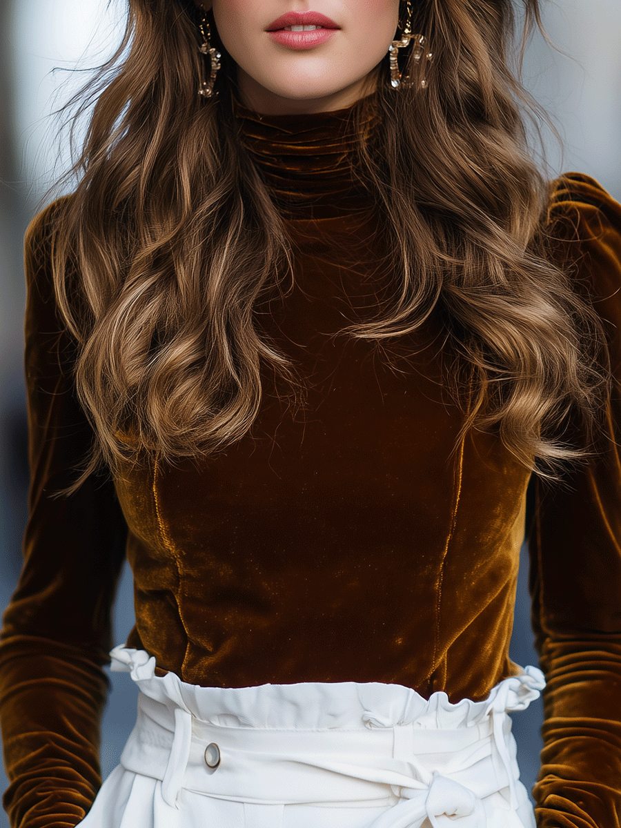 Brown Velvet Mock Neck Long Sleeve Top by Merchant Mona 