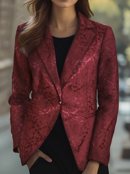 Burgundy Floral Jacquard Single Button Blazer by Merchant Mona 