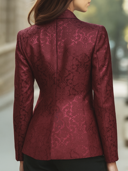 Burgundy Floral Jacquard Single Button Blazer by Merchant Mona 