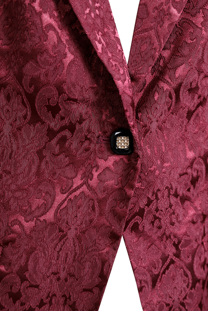 Burgundy Floral Jacquard Single Button Blazer by Merchant Mona 