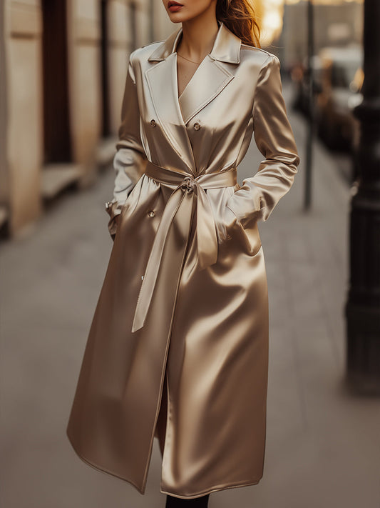Champagne Satin Belted Long Trench Coat by Merchant Mona 