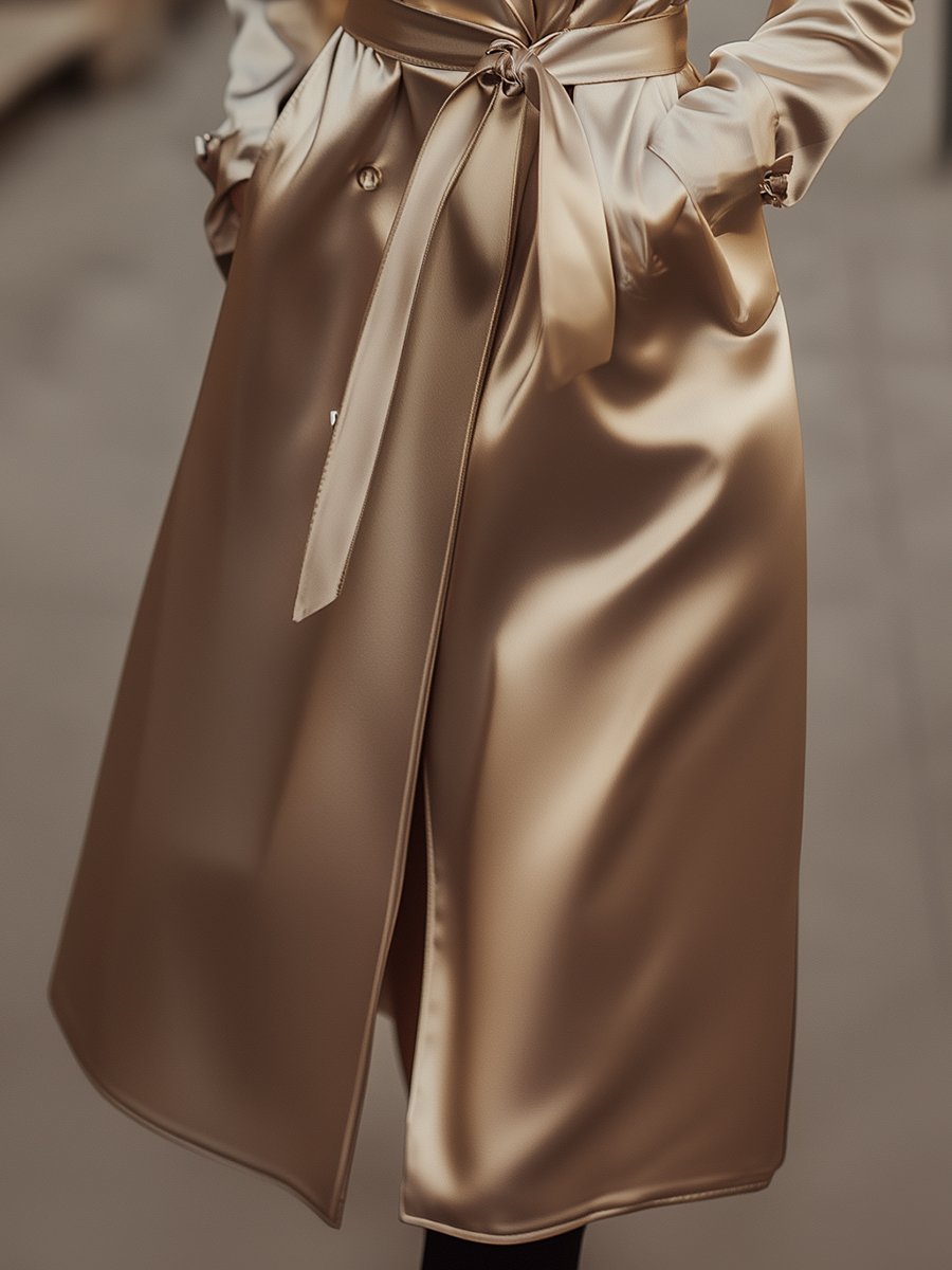 Champagne Satin Belted Long Trench Coat by Merchant Mona 