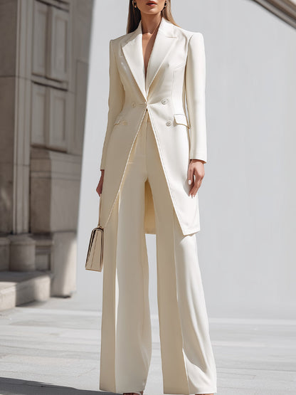 Cream Longline Blazer Wide Leg Pants Set by Merchant Mona 