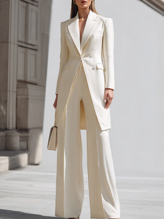 Cream Longline Blazer Wide Leg Pants Set by Merchant Mona 