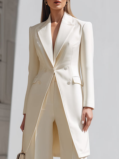 Cream Longline Blazer Wide Leg Pants Set by Merchant Mona 