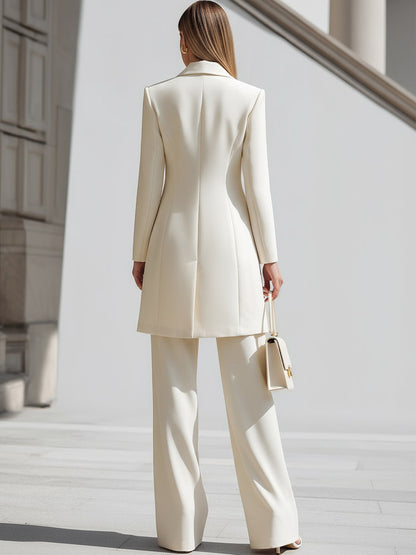 Cream Longline Blazer Wide Leg Pants Set by Merchant Mona 