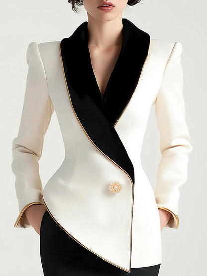 Elegant White Black Contrast Lapel Blazer by Merchant Mona 