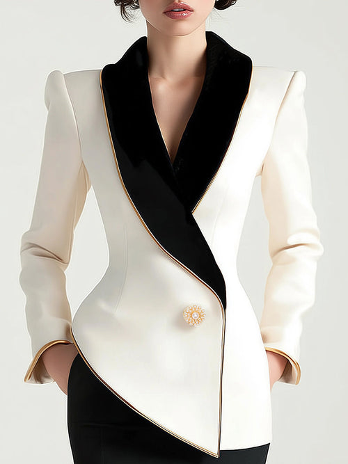 Elegant White Black Contrast Lapel Blazer by Merchant Mona 