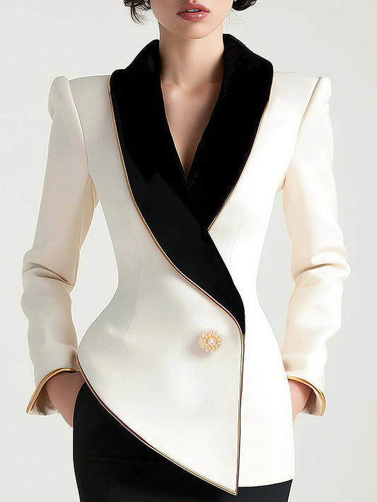 Elegant White Black Contrast Lapel Blazer by Merchant Mona 