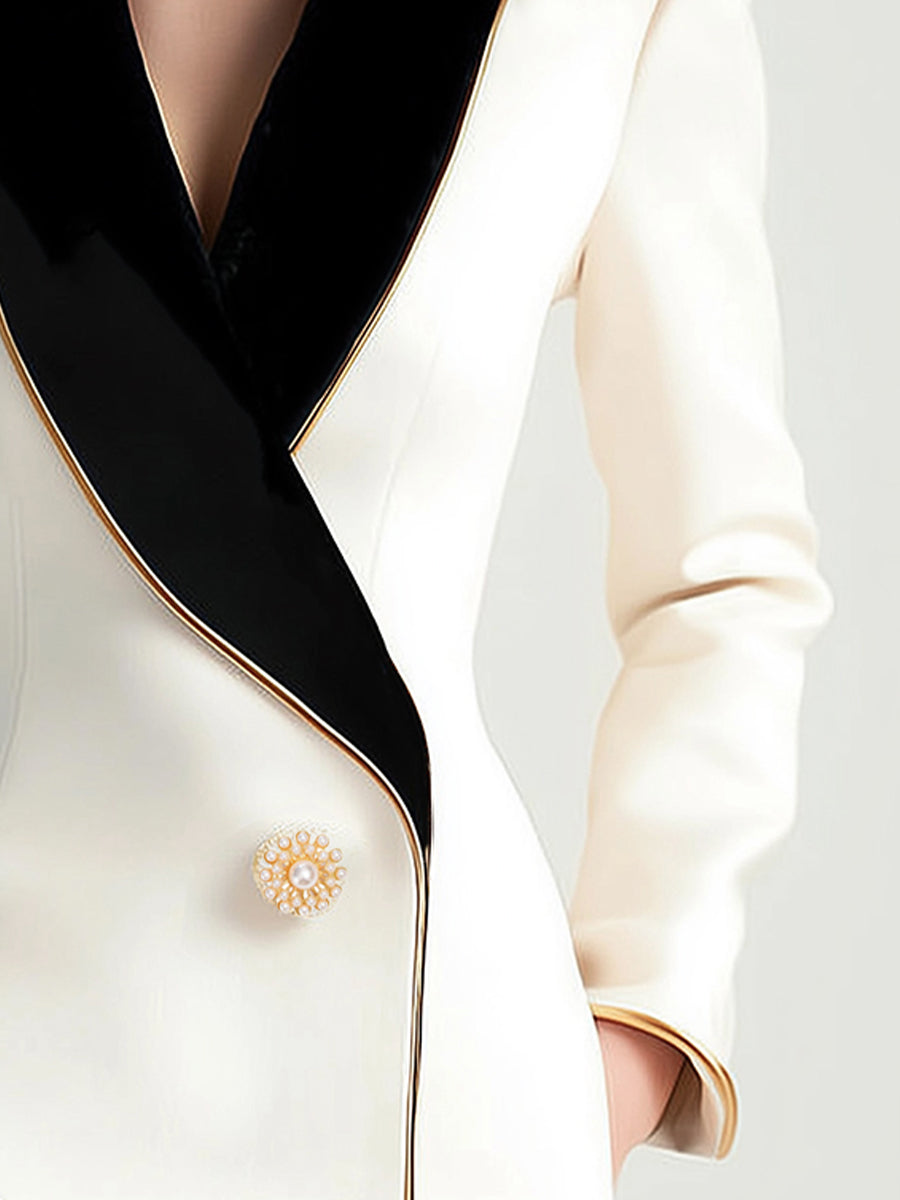 Elegant White Black Contrast Lapel Blazer by Merchant Mona 