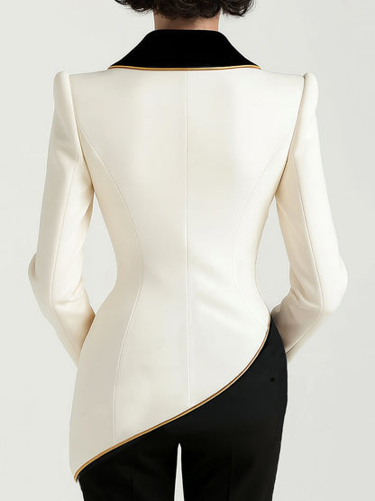 Elegant White Black Contrast Lapel Blazer by Merchant Mona 