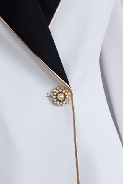 Elegant White Black Contrast Lapel Blazer by Merchant Mona 