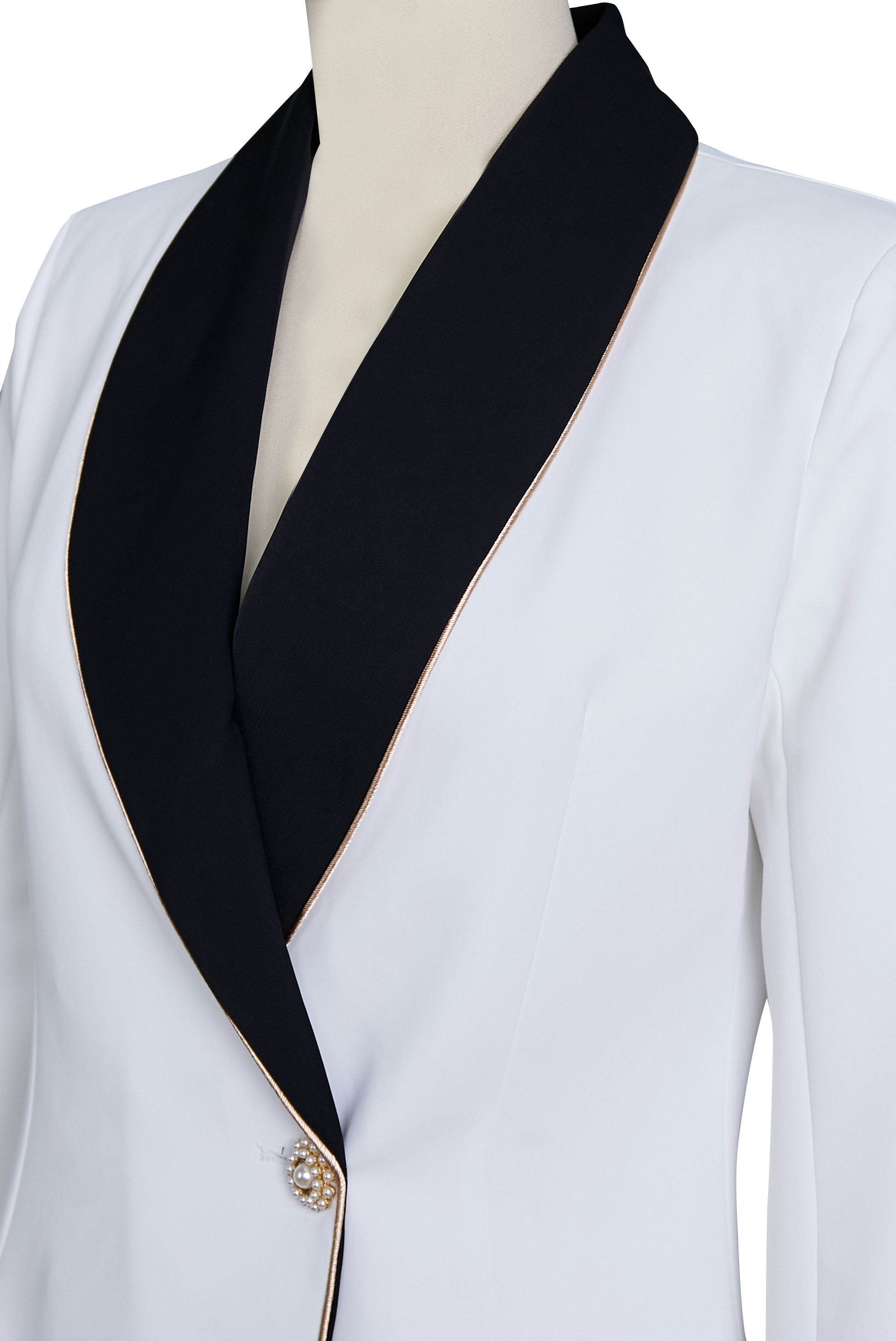 Elegant White Black Contrast Lapel Blazer by Merchant Mona 