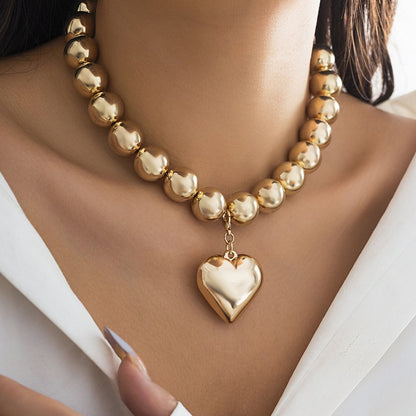 Gold Bead Chain Heart Pendant Necklace by Merchant Mona 