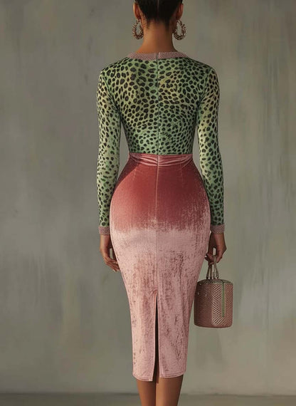 Pink Velvet Leopard Print Patchwork Dress by Merchant Mona 